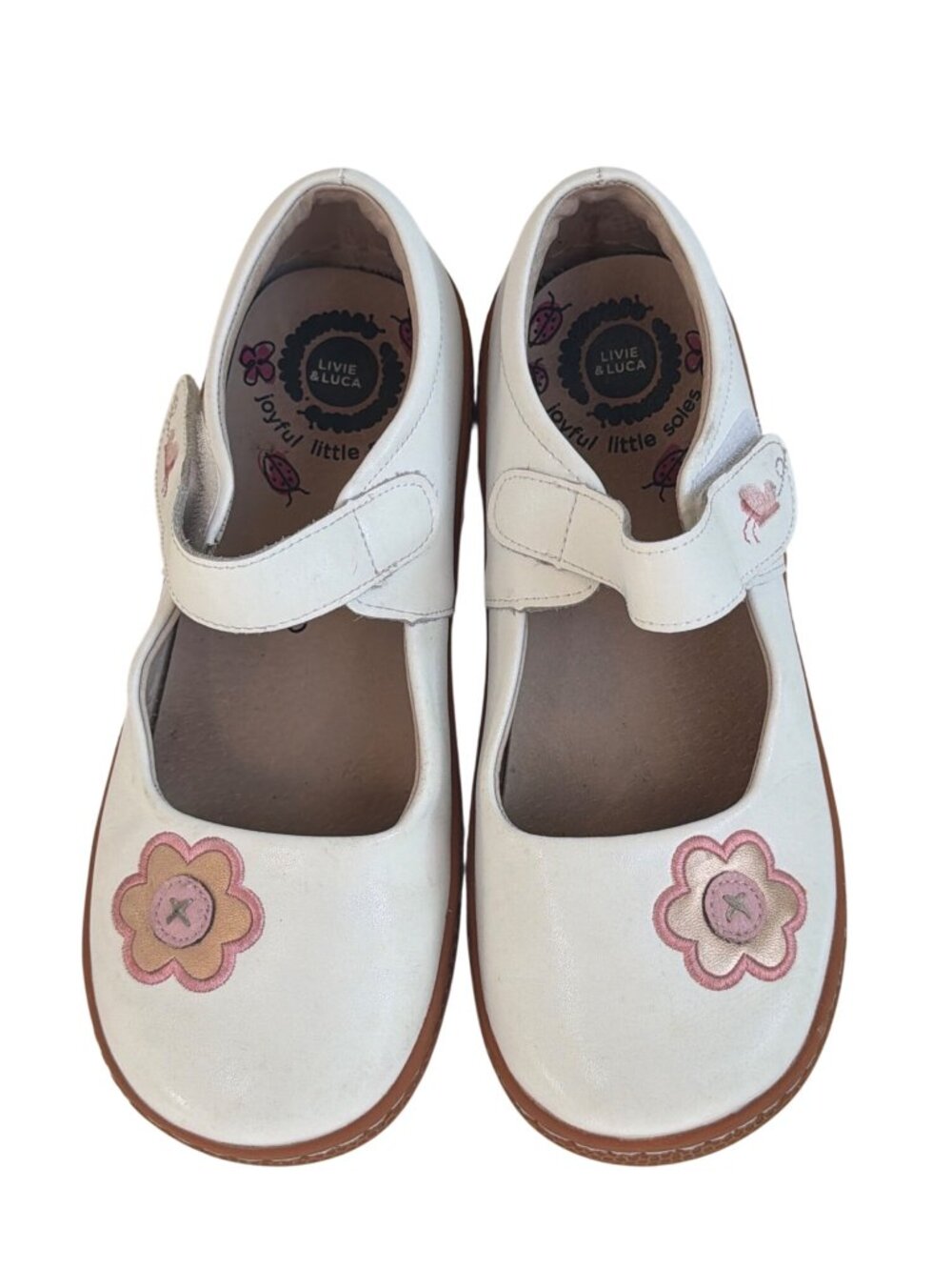 Livie & Luca Girls White Mary Jane Shoes Size 3 Pink Flowers Velcro Strap Rubber